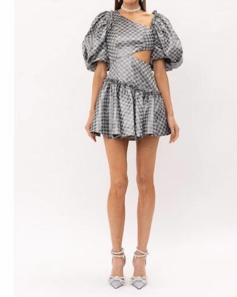 Front of a model wearing a size Large Claire Checkered Jacquard Mini Dress in Silver in Silver by Sofie the Label. | dia_product_style_image_id:337711